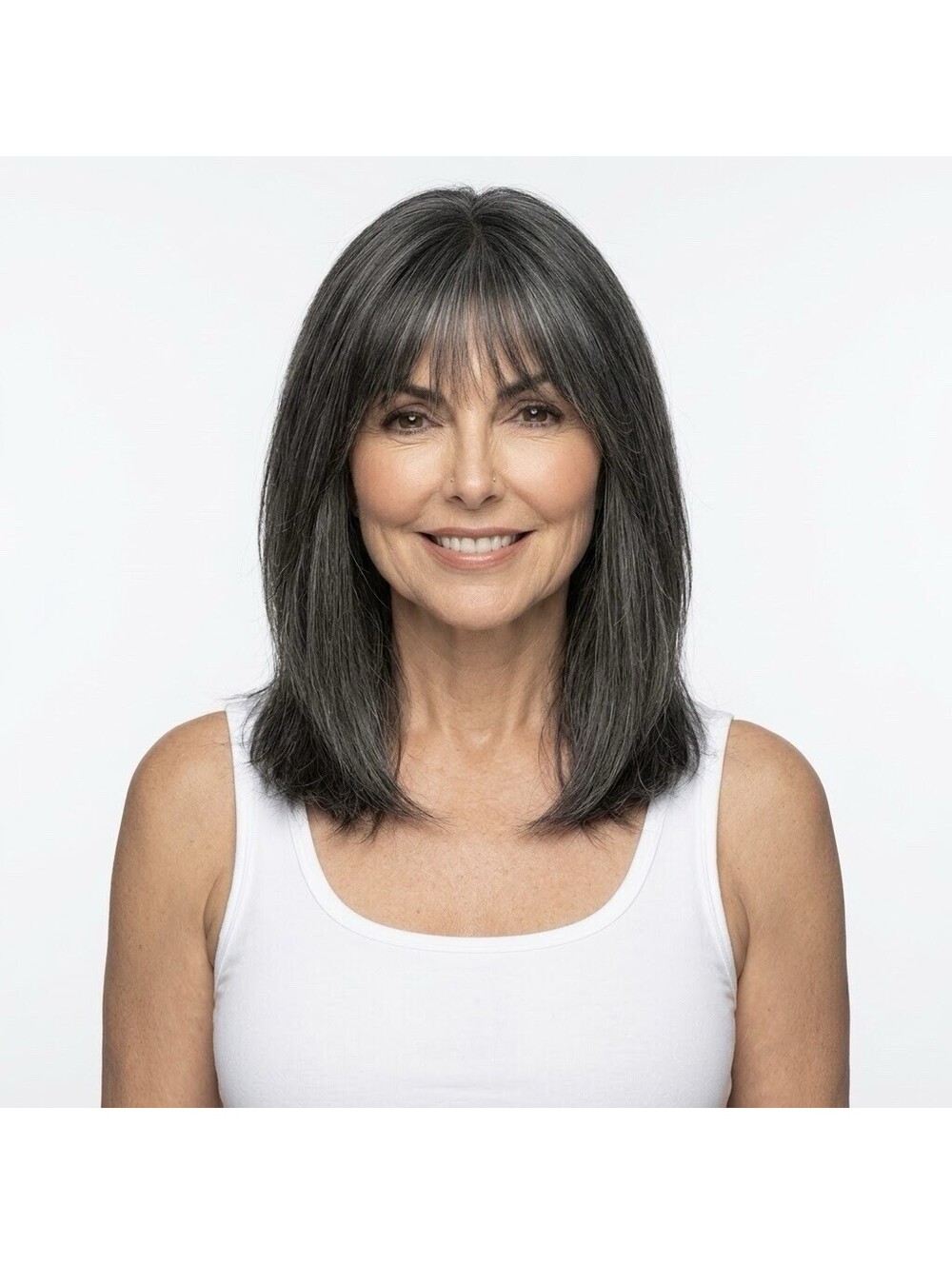 (RA) NEW 10" Human Hair Topper with Bangs for Thinning Hair Dark Grey Lace Clip